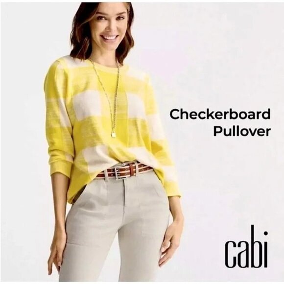 CABI Checkerboard Pullover Sweater Yellow/Cream Sz L #6236 EUC - Picture 1 of 5